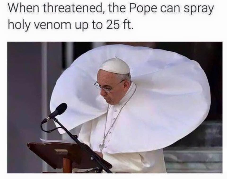 This meme is a joke about the Pope's ability to protect himself from a venomous snake. The image shows the Pope wearing a ridiculous, oversized cloak that looks like a giant, inflated umbrella. The text above the image reads, "When threatened, the Pope can spray holy venom up to 25 ft."