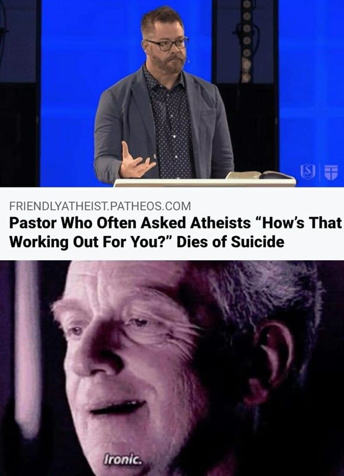 This meme is a humorous commentary on the often-asked question "How's that working out for you?" typically posed to atheists by those who believe they are not following God's plan. The meme features a photo of a pastor, likely responding to this question, followed by a photo of a character from the TV show "The Walking Dead" saying "Ironic" in response to the pastor's response.