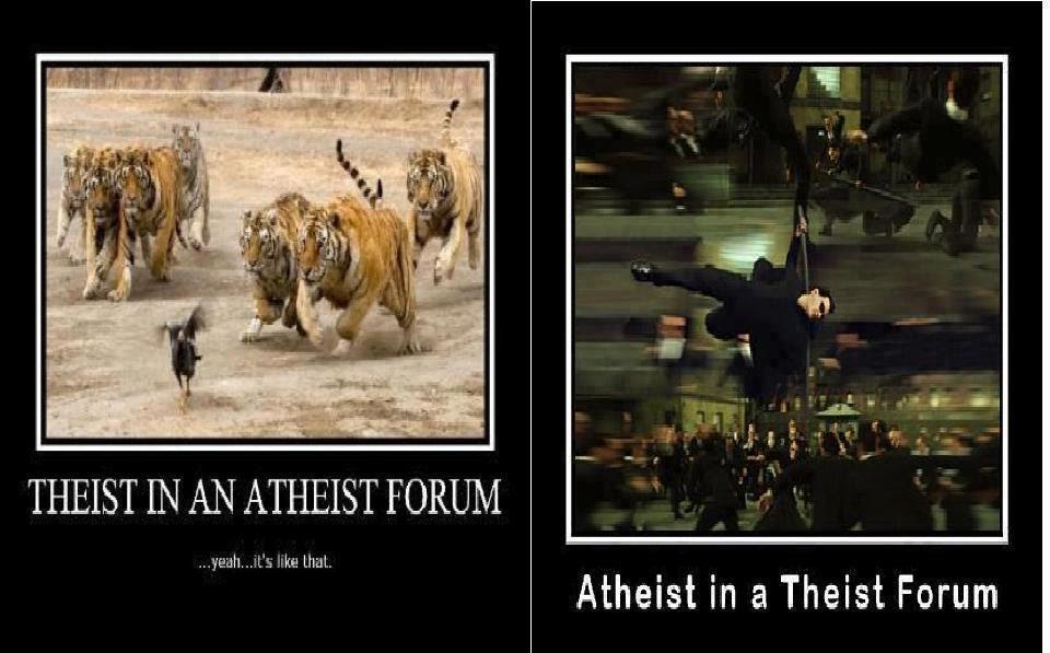 This meme is a play on the idea that atheists and theists have fundamentally different perspectives on the world. The image on the left shows a group of wild animals (lions, tigers, bears) being led by a tiny dog, implying that theists are like the powerful animals and atheists are like the tiny dog. The image on the right shows a group of people running from a group of animals, implying that atheists are like the people running from the animals. The text "Theist: in an atheist forum" and "Atheist: in a theist forum" appears in the images, highlighting the absurdity of each scenario.