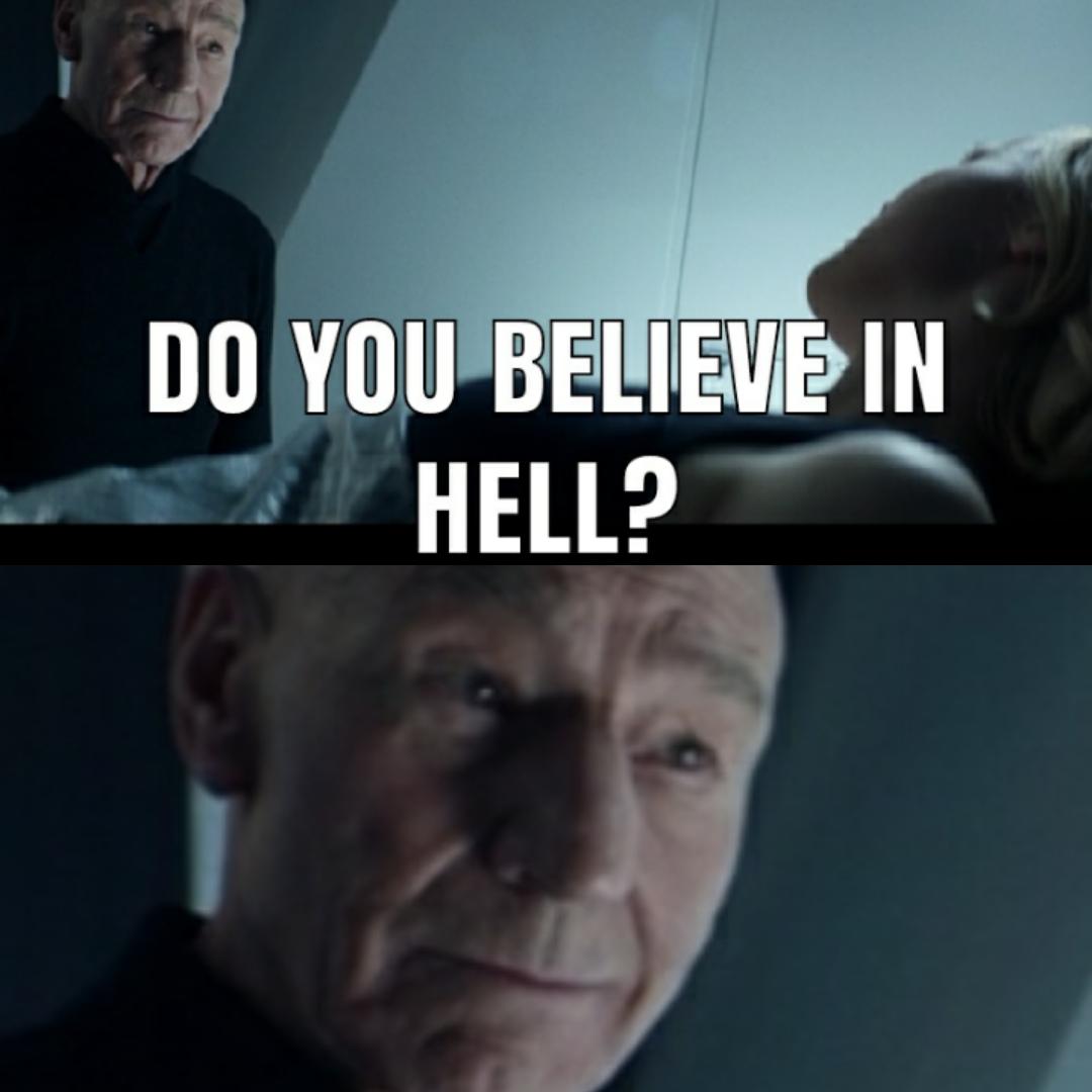 This meme is a humorous take on a famous scene from the movie "Star Wars: The Force Awakens." In the scene, a character named Admiral Stokk (played by Mark Hamlett) is interrogated by a villainous character. The meme features a screenshot from this scene, with the text "Do you believe in hell?" overlaid on top.