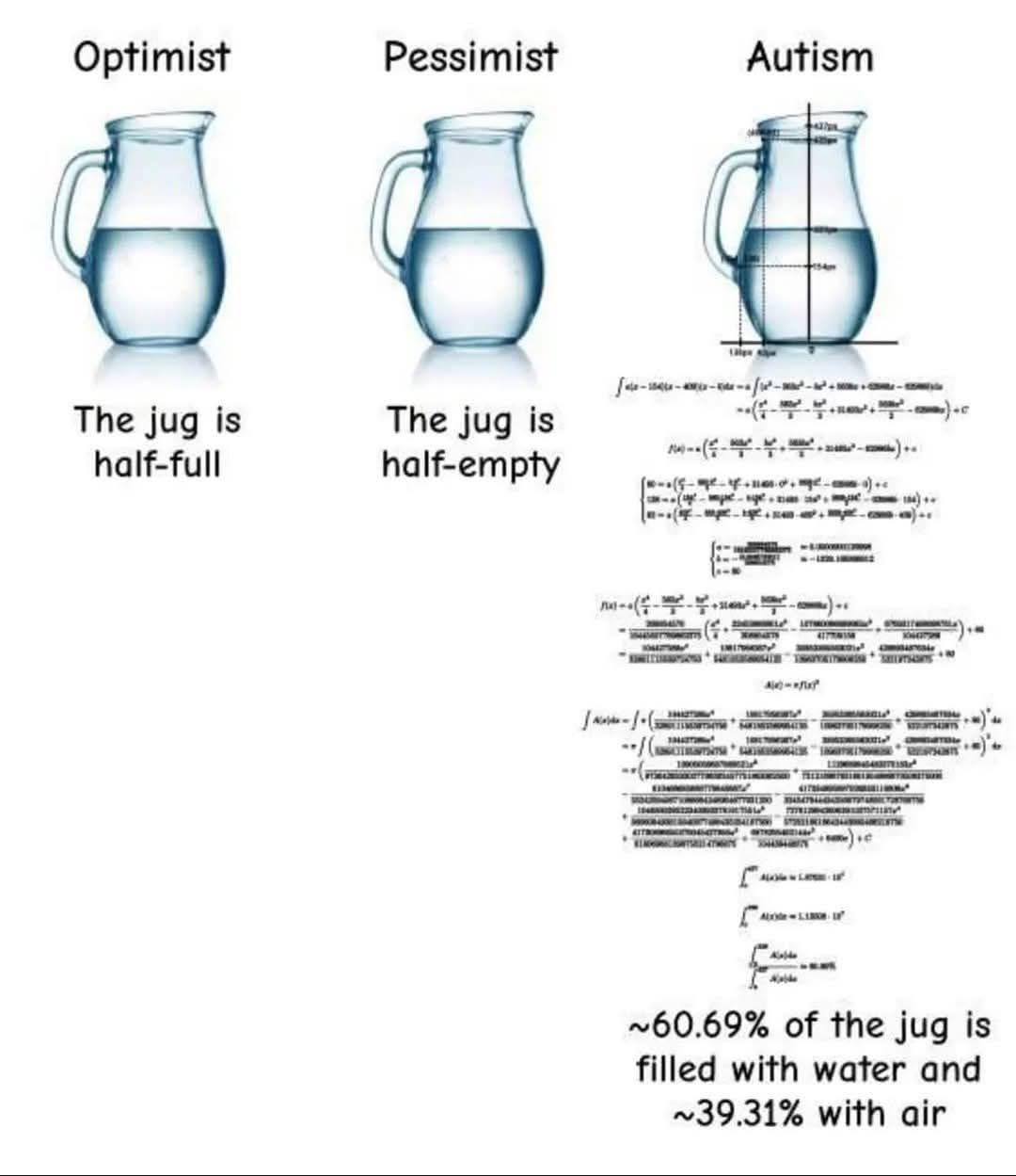 The meme is a visual representation of a famous joke about three different personalities: optimist, pessimist, and autistic. The image shows three jugs of water with labels for each personality, with the optimist's jug being half full, the pessimist's jug being half empty, and the autistic person's jug being described as having a specific ratio of water and air. The text "I have 3.14 litres of water and 1.96 litres of air in this jug" is written below the autistic jug, implying that the person is calculating the exact amount of water and air in the jug.