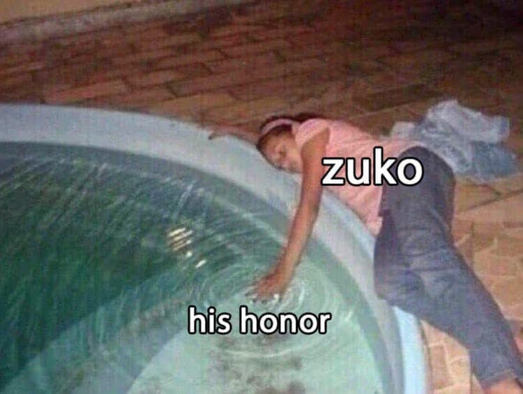 This meme is a humorous image of a person lying on the ground, seemingly lifeless, with a caption that reads "zuko: 'i am dragon of the west and i will not be swayed'". The meme is likely referencing the character Zuk...