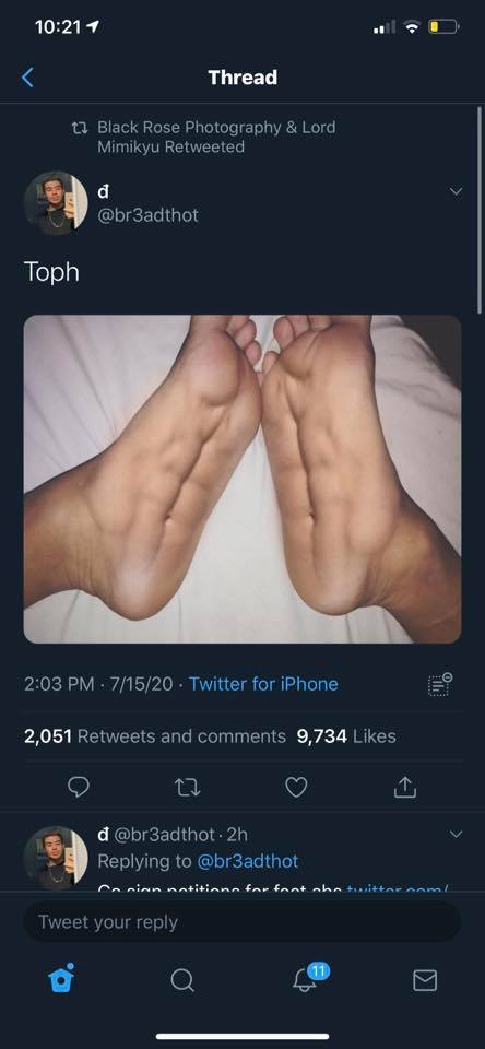 The meme is a screenshot of a tweet that shows a close-up of a person's feet, with a caption that reads "tph" (short for "toe phalange" but also a colloquialism for "toe f**k" or "toe ph**k"). The image is likely inte...