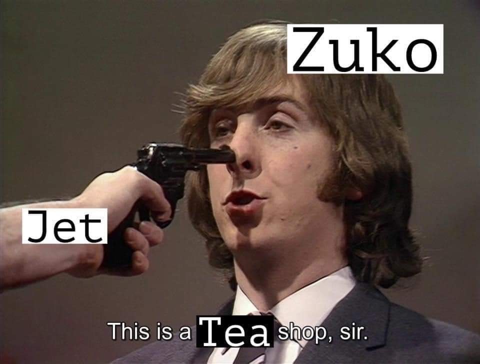 The meme is a still image of a person with a gun to their head, but the gun is not actually being fired. The text overlayed on the image reads: "This is a tea shop, sir." The joke is that the person is being threatene...