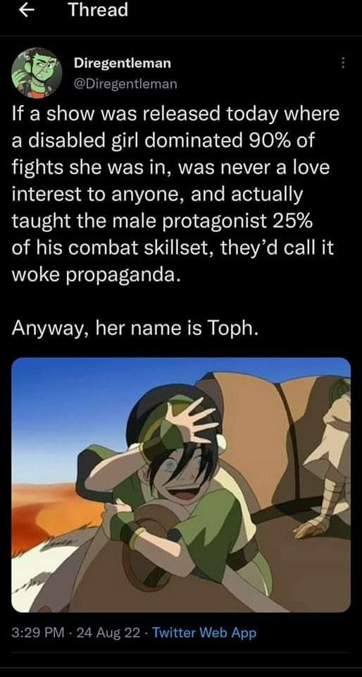 This meme is a humorous commentary on a TV show's portrayal of a disabled character. The text states that a show about a disabled girl who dominates in combat is "propaganda" because it's unrealistic and doesn't refle...