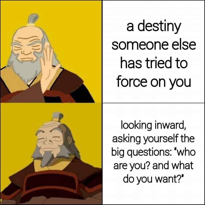 This meme is a humorous take on the concept of fate and free will. It features a character from the animated series "Avatar: The Last Airbender" named Iroku, who is known for his wise and often sarcastic comments. The...