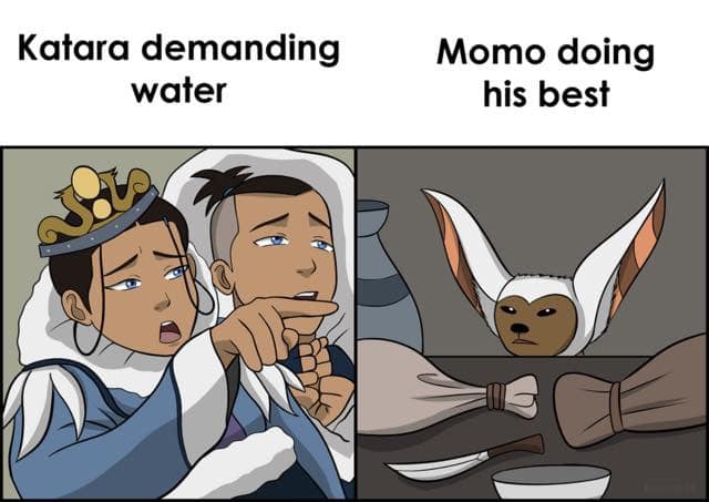 The meme is a split-screen image comparing two characters' reactions to a situation. On the left, Katara from the animated series "Avatar: The Last Airbender" is shown looking concerned and telling her friend Sokka to...