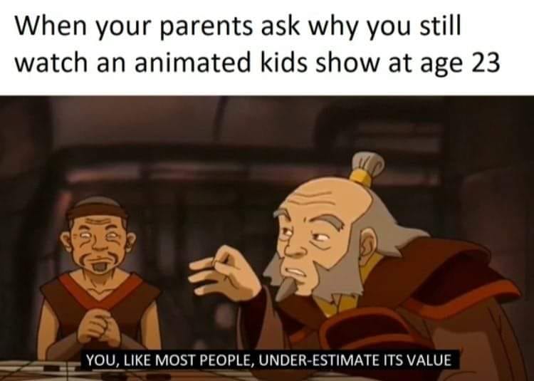 This meme is a humorous image featuring characters from the animated series "Avatar: The Last Airbender". The text above the image reads, "When your parents ask why you still watch cartoons as an adult." The image itself shows a character, Iroqul, saying "You like most people, underestimate its value."
