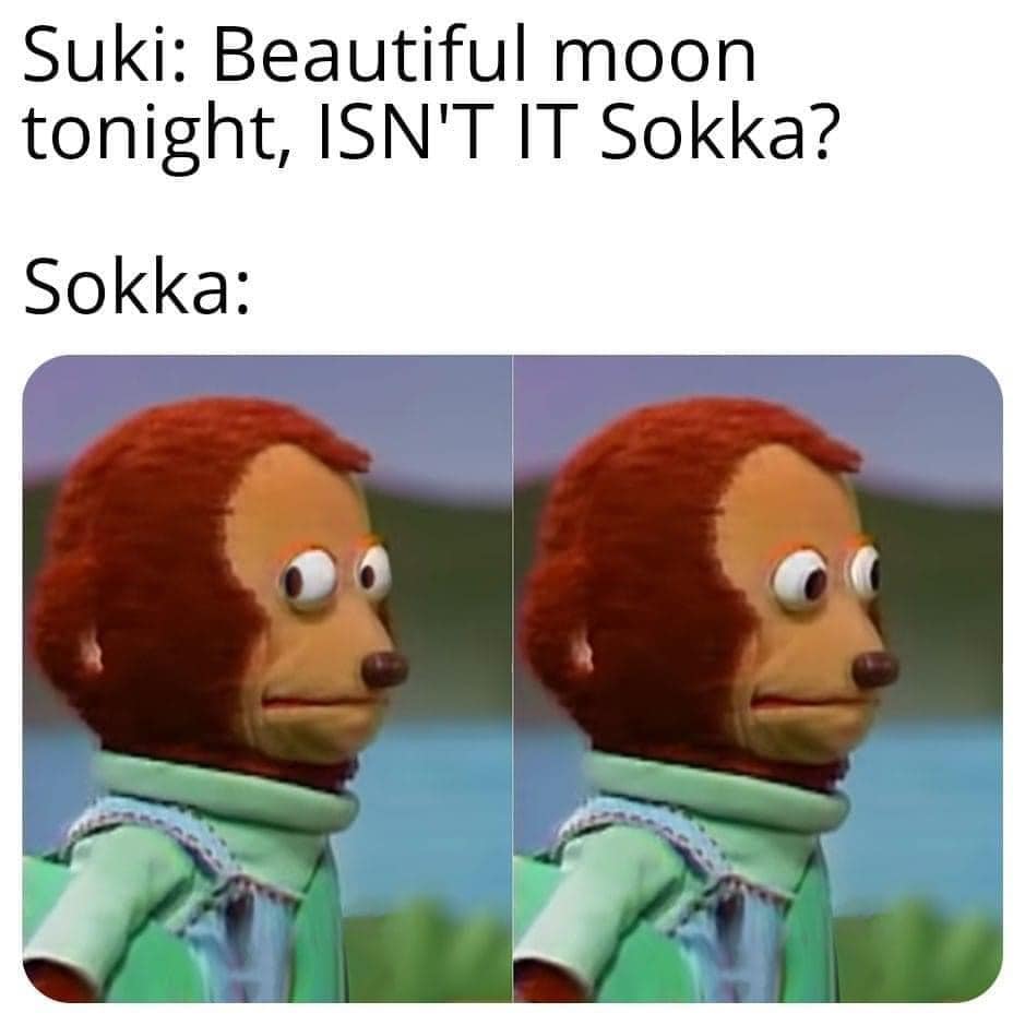 This meme is a humorous exchange between two characters, Suki (from the Avatar: The Last Airbender) and Sokka (also from the same series). The conversation is presented as a text-only format, but the punchline is that the character Suki is asking Sokka if the moon is beautiful, and Sokka responds with a sarcastic "In 2-3 sentences, describe this meme for someone who cannot see it" (a meta-joke). The image is not actually needed to understand the joke, but it's a funny image of Sokka looking confused.