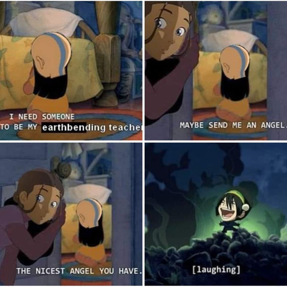 This meme is a humorous image of Aang from the animated series "Avatar: The Last Airbender" with the caption "I need someone to be my earthbending teacher" and a response of "I can do that". The image is a split-screen of Aang looking sad and then suddenly happy with a big smile on his face.