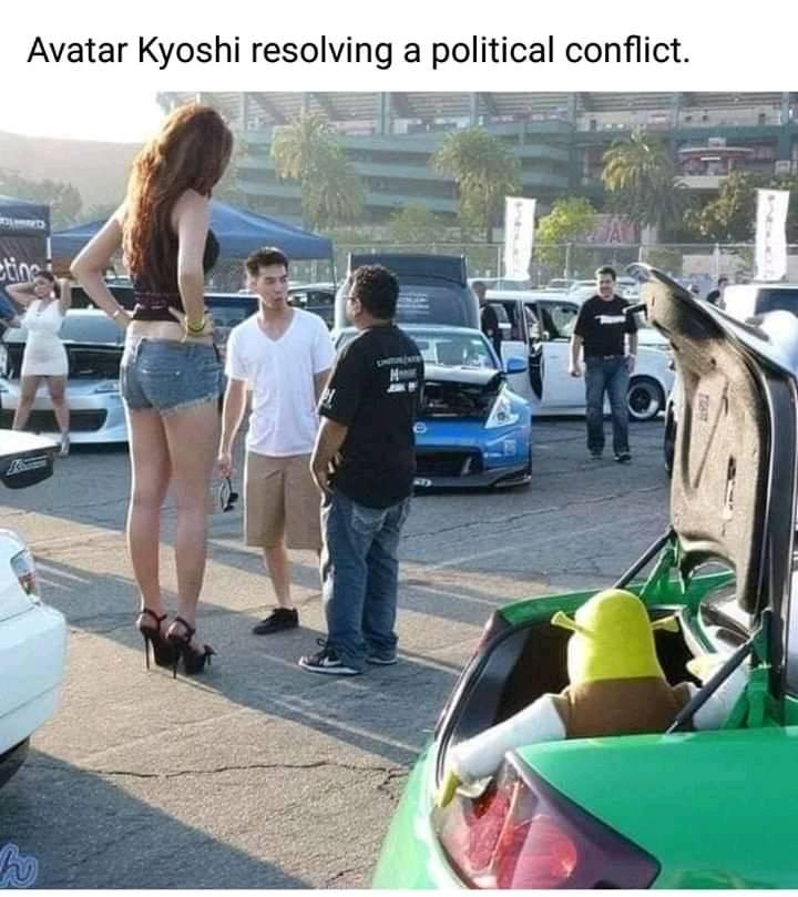 This meme is a photo of a woman, likely a celebrity or influencer, standing next to a car. She is wearing a short skirt and high heels, and is being asked to lift the hood of the car. The text "Avatar Kyoshi: resolving a political conflict" appears above the image, implying that the woman is somehow resolving a conflict in a way that is unexpected or humorous.