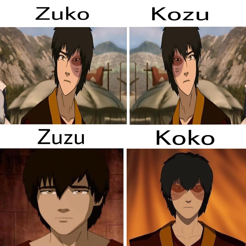 This meme is a comparison between two characters from the TV show "Avatar: The Last Airbender". It shows a side-by-side image of Zuko (left) and Kozu (right), with the text "Zuko" and "Kozu" above each image.