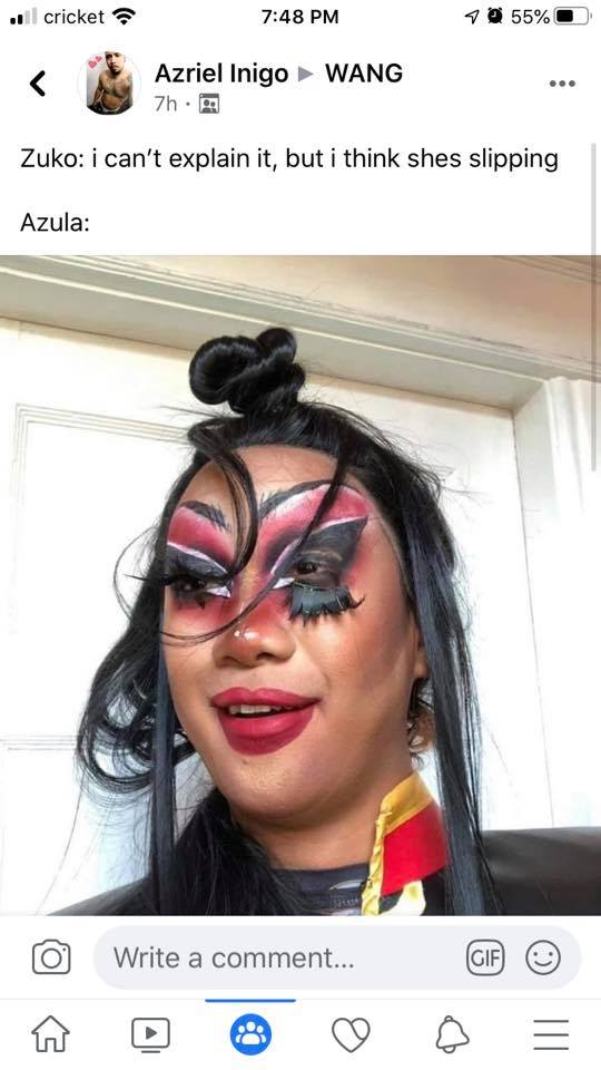 This meme is a screenshot of a Facebook post with a photo of a person with a dramatic, exaggerated makeup look. The post is from a user named "Zuko: I can't explain it, but I think she's slapping" and includes a photo of a woman with a bold, colorful makeup look. The post is a humorous commentary on the dramatic, over-the-top makeup look.