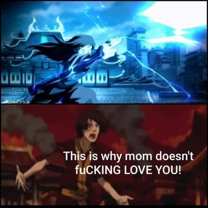 This meme is a humorous comparison between two scenes from the animated TV series "Avatar: The Last Airbender". The top image shows a dramatic and intense moment from the show, while the bottom image shows a humorous and lighthearted moment. The text "In a few hours" appears in the top image, and the text "This is why mom doesn't love you" appears in the bottom image.
