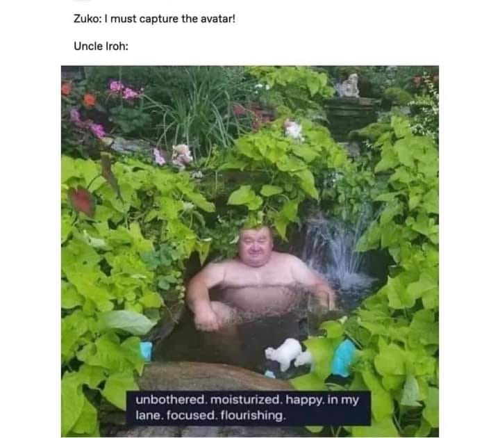 This meme is a humorous comparison between the characters Zuko and Uncle Iroh from the animated series "Avatar: The Last Airbender". The image shows a photo of a person with a very rounded and chubby face, surrounded by lush greenery. The text above the image reads "Zuko: I must capture the Avatar" and "Uncle Iroh: I'm just here for the free snacks".