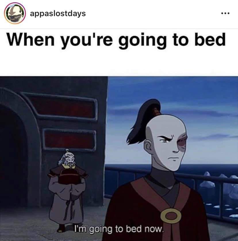 This meme is a humorous take on the popular TV show "Avatar: The Last Airbender." It features a screenshot of a character, Iroku, from the show, saying "I'm going to bed now" in a dry, sarcastic tone, implying that he's going to bed because he's going to be executed, not because he's tired. The meme is captioned "When you're going to bed" and is likely meant to be humorous or ironic.