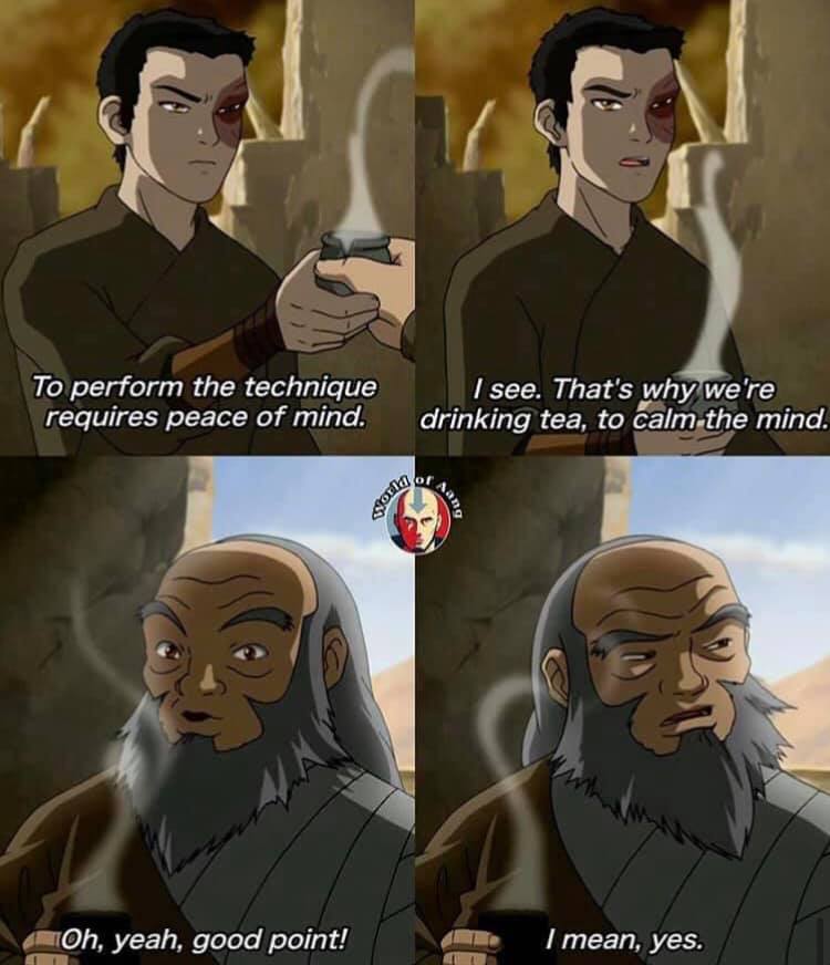 This meme is a screenshot from the TV show "Avatar: The Last Airbender" where a character named Iroqai is explaining the concept of "air" and "water" to a student. The student is confused and asks why the two are being taught together, and Iroqai responds "to calm the mind". The meme is captioned "to calm the mind" with a image of a person holding a cup of tea.