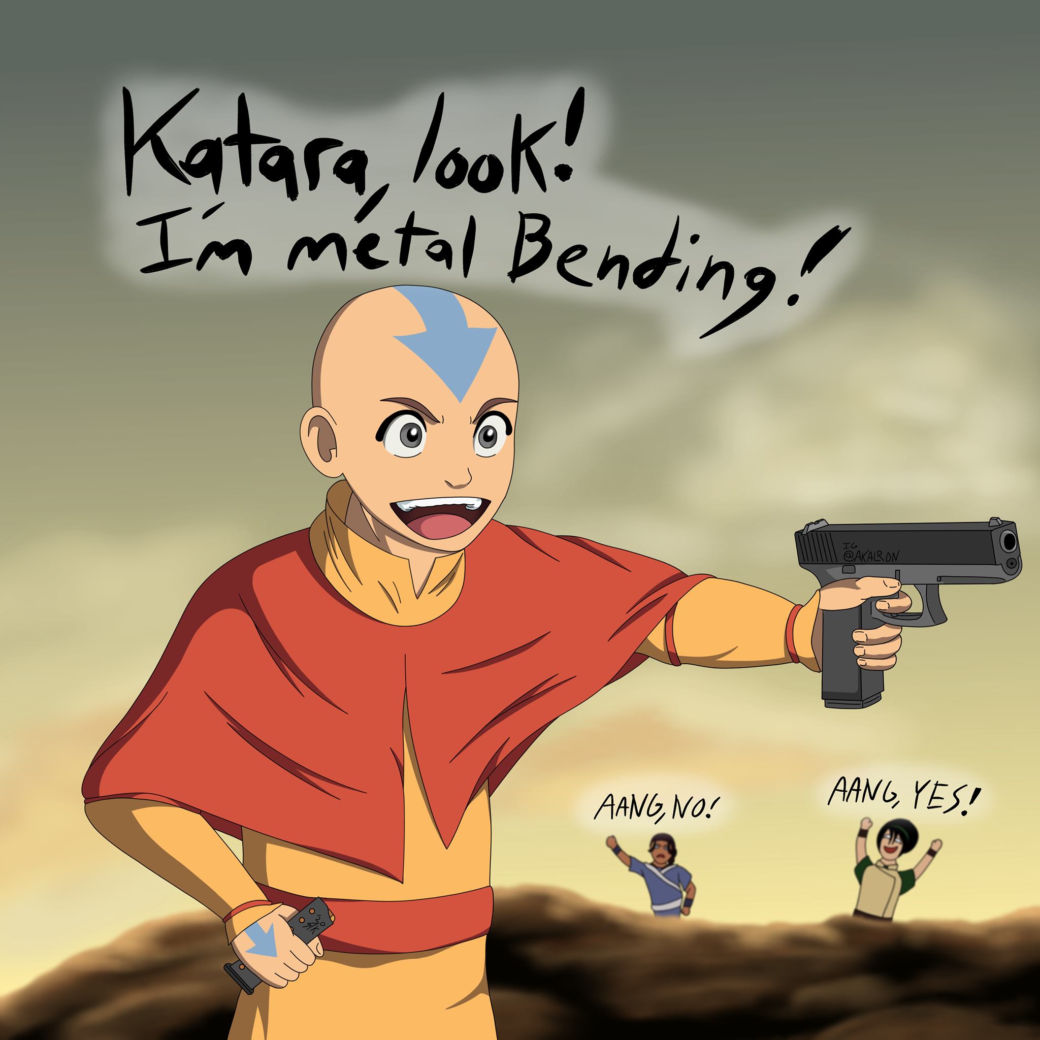 This meme is an image of Aang from the animated series "Avatar: The Last Airbender" holding a gun and saying "I'm metal bending!" in a humorous and ironic tone. The image is a play on the character's usual abilities as an Airbender, where he would typically use his powers to manipulate air and water, not fire or guns. The text "I'm metal bending" is a tongue-in-cheek reference to the character's usual abilities, implying that he's now using a gun instead of his usual airbending powers.