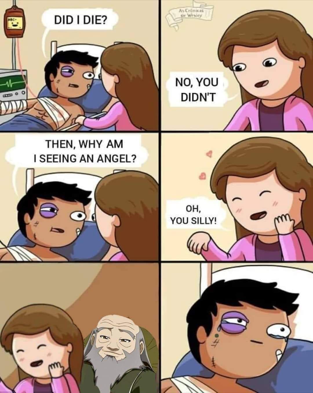 This meme is a humorous take on the common phrase "I see dead people" from the movie "The Sixth Sense". The image shows a person lying in a hospital bed with a bandaged head, and a woman asking "Then why am I seeing an angel?" The punchline is that the person is actually dead, and the woman is surprised that she can see him.
