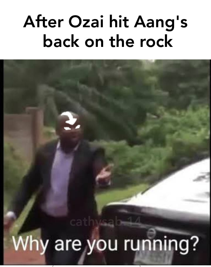 This meme is a humorous reference to a scene from the TV show "Avatar: The Last Airbender". The image depicts a character named Ozai, who is known for his villainous and angry personality. The text "After Ozai hit Aang's back on the rock" is a humorous exaggeration of a scene where Aang is thrown to the ground, and the phrase "Why are you running?" is spoken in response to Aang's frantic behavior.