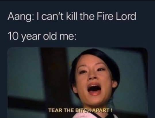 This meme is a humorous image that uses a screenshot from a TV show or movie. The image shows a character's shocked expression, with a caption "Aang: I can't kill the Fire Lord / 10 year old me: " and below it, "TEAR THE BITCH APART!" The image is likely a joke about a character's anger and frustration, using a humorous and exaggerated expression.