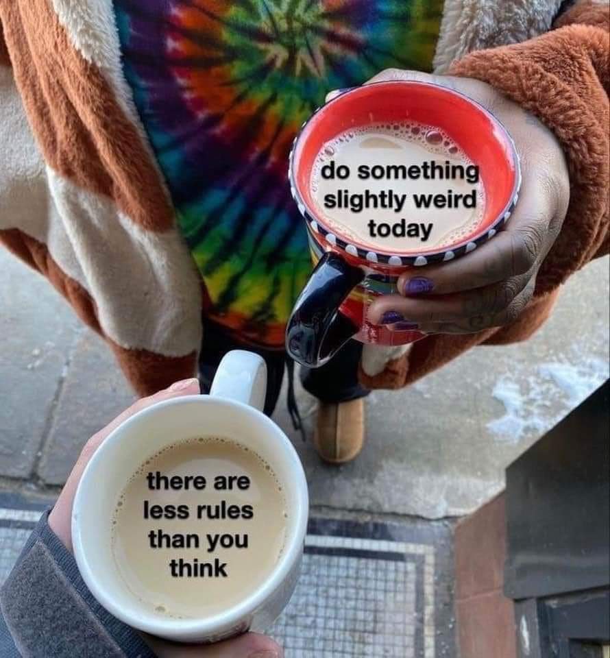 This meme is a humorous take on the idea of doing something "weird" and embracing the concept of being a little bit strange. The image shows two people holding cups of coffee with the text "do something slightly weird...