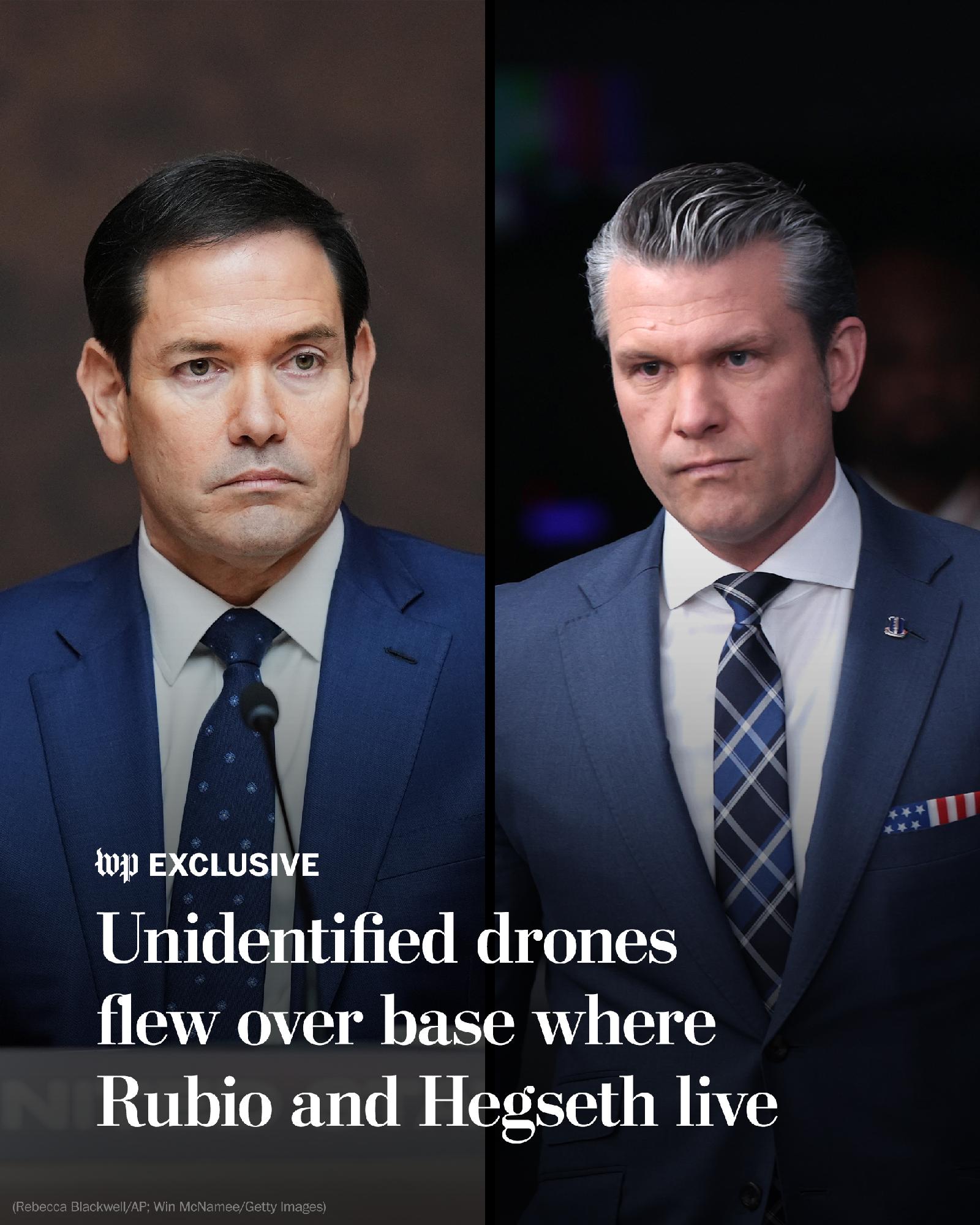 The meme is a satirical image of two men, likely politicians or public figures, with a serious expression. The text "Unidentified drones flew over base where Rubio and Hegseth live" is overlaid on the image, implying...
