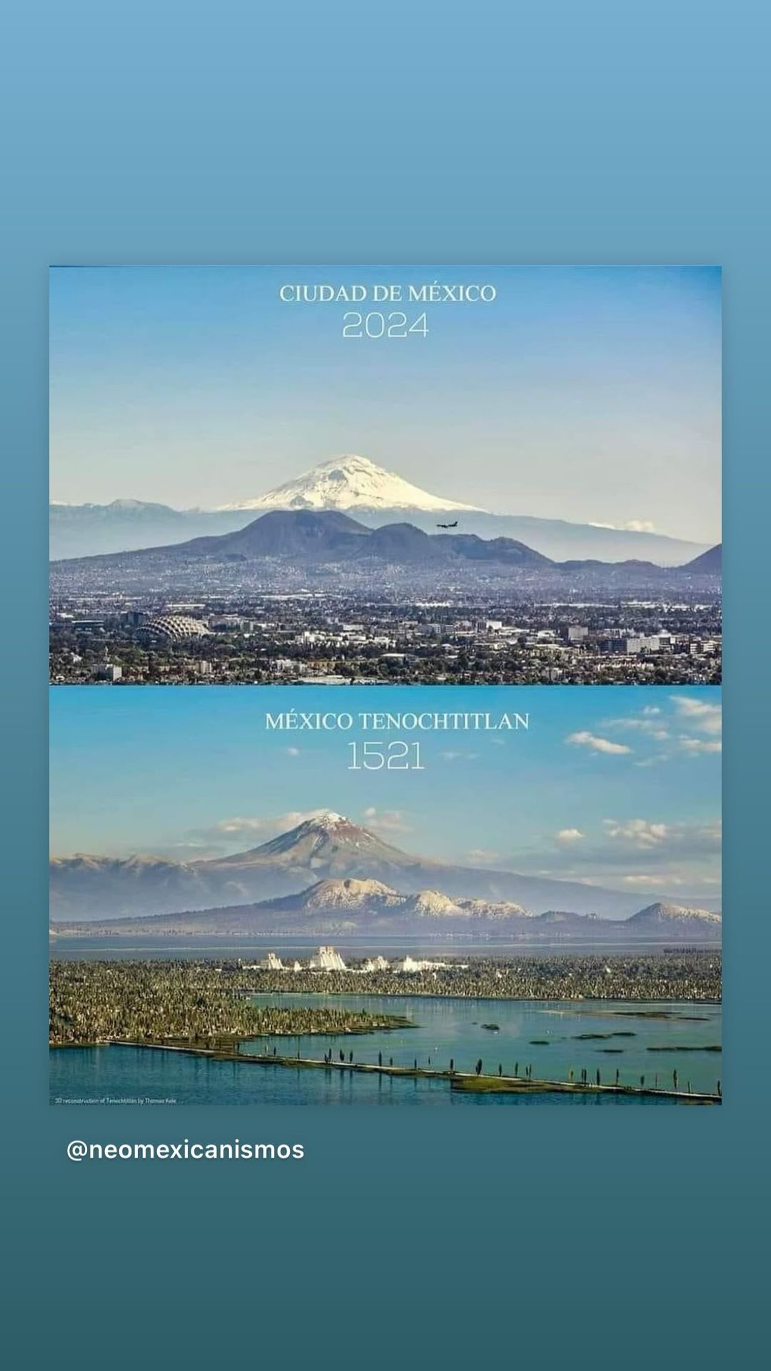 The meme is a split-screen comparison of two images, one representing the city of Mexico in 2024 and the other representing the city of Tenochtitlan in 1521. The top image is labeled "Ciudad de México 2024" and the bottom image is labeled "México Tenochtitlan 1521". The text in the image is a commentary on the difference between the two cities, with the implication that the city of Mexico in 2024 is much more developed and modern compared to the ancient city of Tenochtitlan.