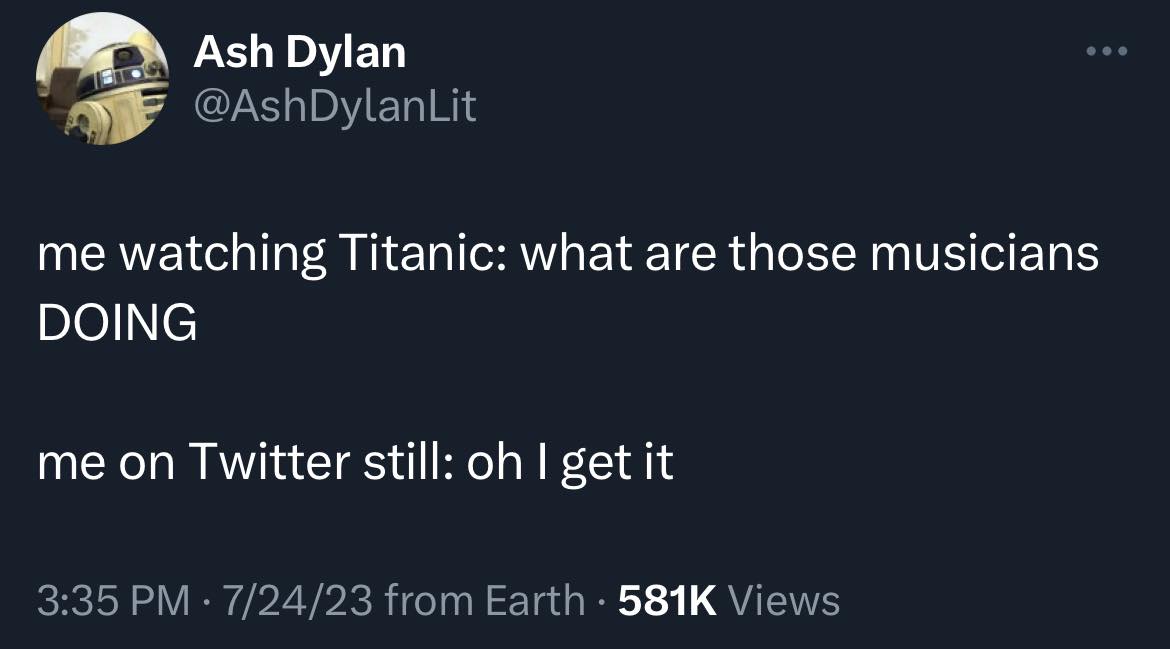 This meme is a humorous exchange between two people, one who is watching the movie Titanic and the other who is watching it on Twitter. The person watching the movie asks, "What are those musicians DOING?" implying they're confused by the on-screen music. The person watching on Twitter responds with "I get it" in a sarcastic tone, implying that the music is obvious and they're being sarcastic about the obviousness.