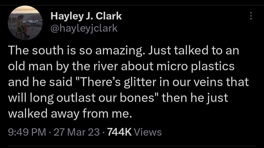 This meme is a humorous take on the idea that someone from the South (a region in the United States) is not as familiar with the concept of "glitter in veins" as someone from a more urban or coastal area. The text reads: "The south is so amazing. Just talked to an old man by the river about micro plastics and he said 'there's glitter in our veins that will outlast our bones' then he just walked away from me."