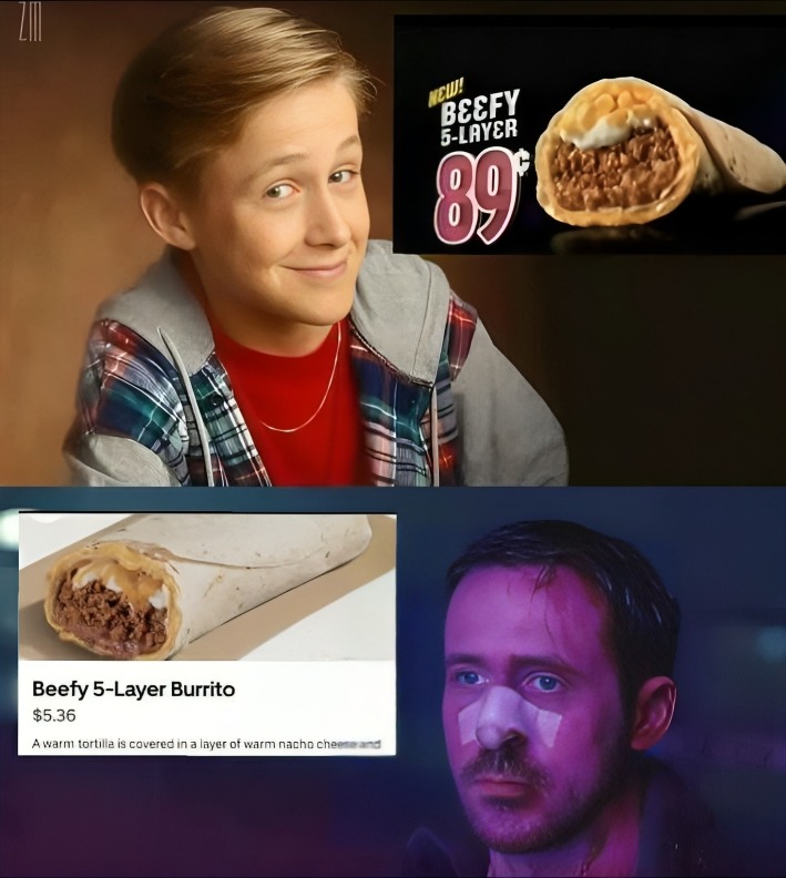 This meme features a photo of a person looking surprised or shocked, with a caption that reads "When you realize you've been eating Taco Bell's 'Beefy 5-Layer Burrito' for years, but it's actually just a 2-layer burrito with a sad, beef-less filling".