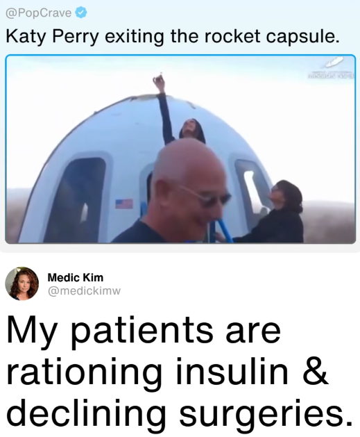 This meme is a screenshot of a tweet with a photo of a person in a spacesuit exiting a spacecraft. The tweet is from a parody Twitter account and includes a joke about a celebrity exiting a spacecraft, referencing a famous song. The text reads: "Katy Perry exiting the rocket capsule" and "My patients are rationing insulin &".