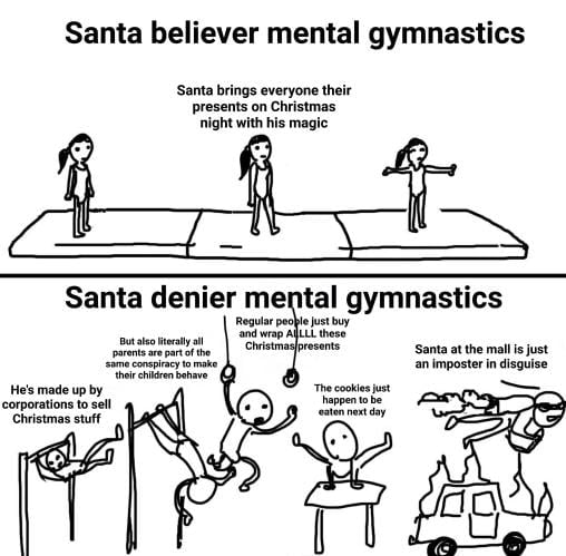 This meme is a humorous comparison between two types of gymnastics, "Santa believer" and "Santa denier". The top panel shows a traditional gymnastics routine with a Santa believer performing a flawless routine, while the bottom panel shows a "Santa denier" performing a chaotic and awkward routine, with humorous and relatable descriptions of their actions. The text in the image includes phrases such as "Santa brings everyone their presents on Christmas night with magic" and "Santa at the mall is just an imposter in disguise".