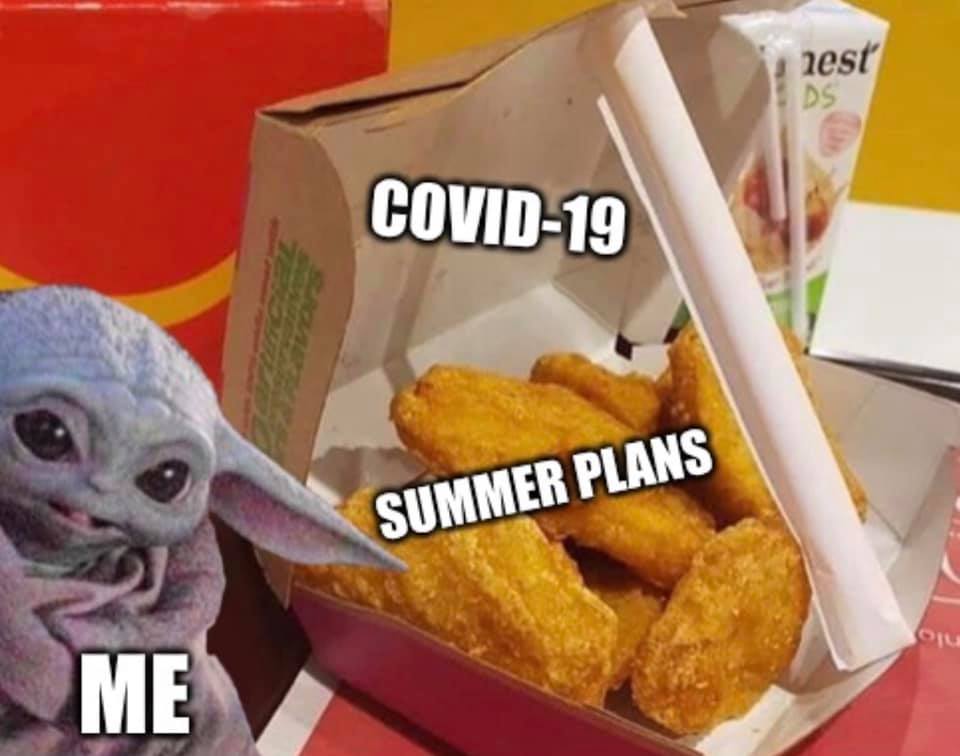 This meme is a humorous take on the idea that the COVID-19 pandemic and summer plans have been ruined. The image features a character from the Star Wars franchise, Baby Yoda, holding a container of chicken nuggets with the words "COVID-19" and "Summer Plans" written on the sides. The text "Me" is overlaid on the image, implying that the character is experiencing a sense of disappointment and frustration.
