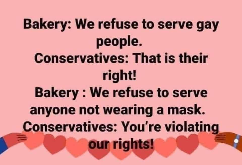 This meme is a humorous exchange between a bakery and a conservative customer. The bakery responds to the customer's demand to refuse service to gay people by saying "We refuse to serve gay people." The customer then responds with "That's right!" and the bakery retorts with "We refuse to serve anyone not wearing a mask." The customer responds with "That is our right!" and the bakery says "You're violating our rights!"