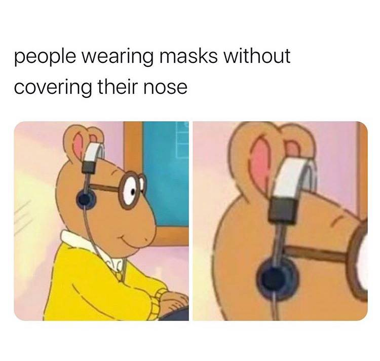 This meme is a humorous take on the COVID-19 pandemic, where people were required to wear masks in public to prevent the spread of the virus. The image features a character from the animated TV show "Arthur" wearing a mask, but with a twist: the mask is so large that it covers his entire face, including his eyes. The text above the image reads "people wearing masks without covering their nose".