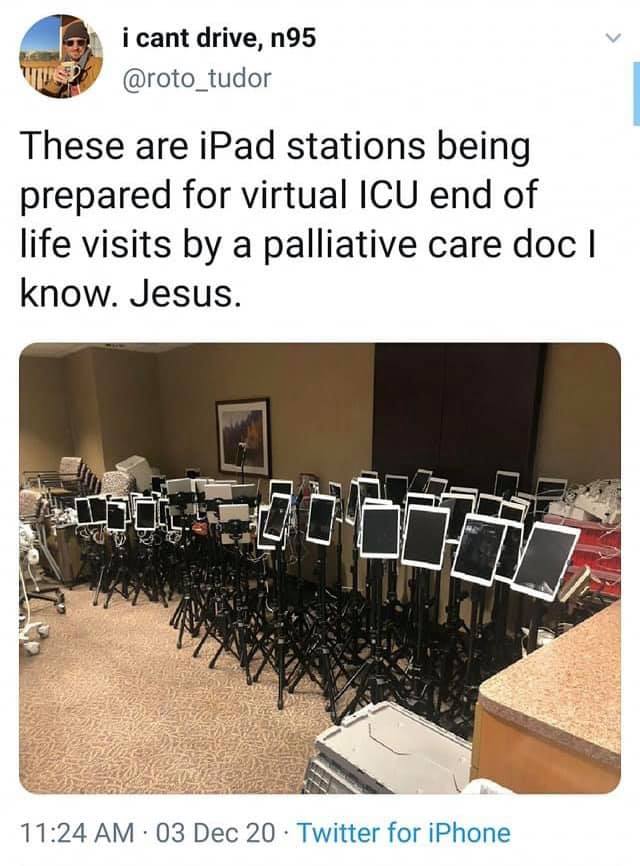 This meme is a screenshot of a Twitter post showing a room filled with iPads, each with a patient's chart and a doctor's notes displayed on the screen. The text accompanying the image reads, "These are iPad stations being prepared for virtual ICU end of life visits by a palliative care doc I know. Jesus." The meme is humorous because it's a tongue-in-cheek comment on the use of technology in healthcare, implying that the doctor is so overwhelmed by the number of patients that they're using iPads to visit them virtually, to the point that they're jokingly invoking a higher power to help them cope.