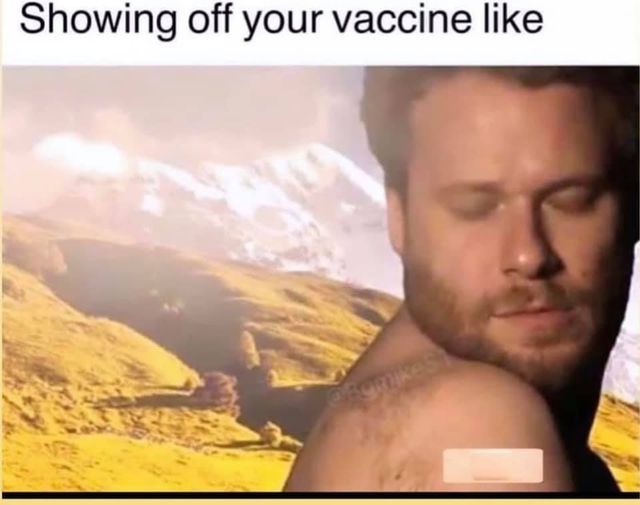 This meme is a humorous take on a popular video of a person who is struggling to show off their vaccination scar. The image shows a person with a band-aid on their arm, but it's not clear what's being shown. The text "Showing off your vaccine like" is likely a reference to the video, but it's not included in the image.