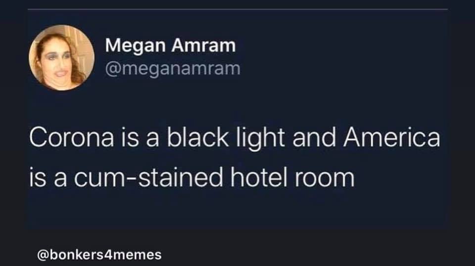 This meme is a humorous commentary on the COVID-19 pandemic. It features a screenshot of a Twitter post that reads: "Corona is a black light in a white hotel room." The joke is that the phrase "black light in a white hotel room" is a common phrase used to describe a situation where someone is being dishonest or hiding something. In this case, the meme is applying this phrase to the COVID-19 pandemic, implying that the virus is being hidden or covered up in some way.