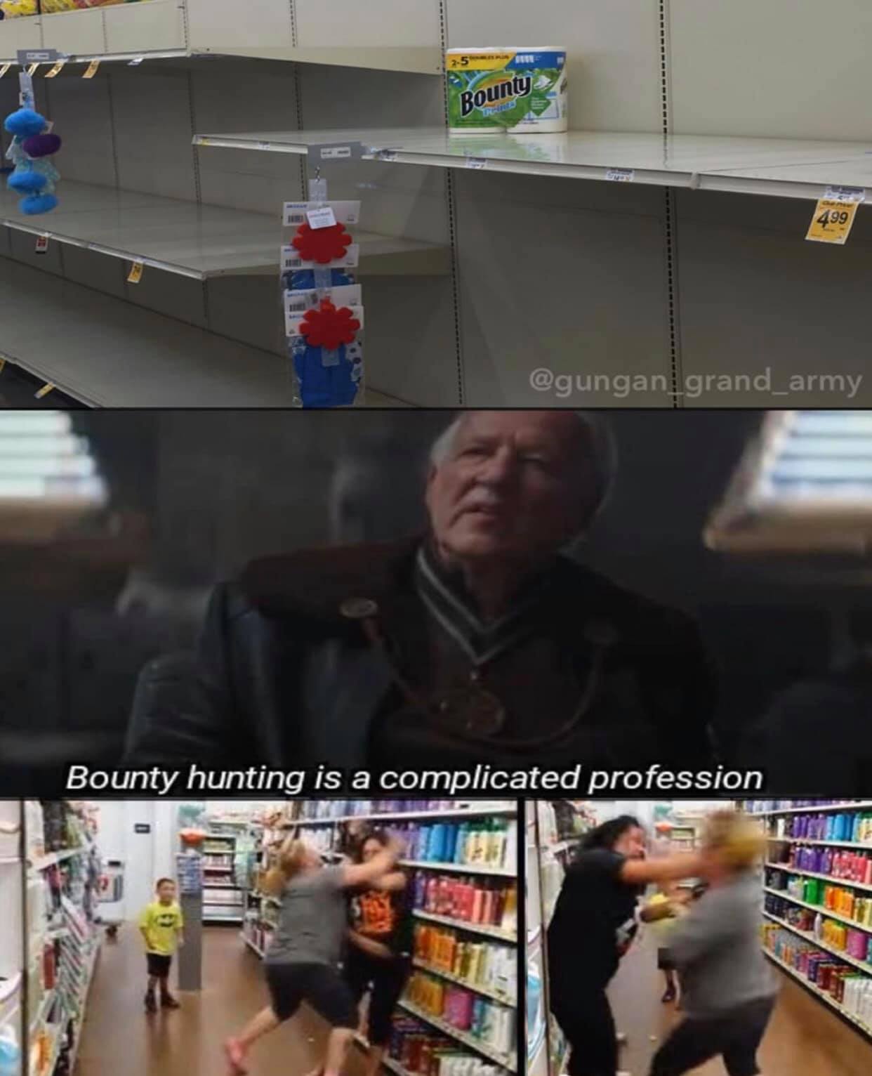 This meme is a play on the concept of a "bounty hunter" and the idea of a "bounty" in a humorous way. The image shows an empty shelf in a store, with a single package of Bounty paper towels left on the shelf. The text at the top of the image reads "Bounty" and at the bottom it says "Bounty hunting is a complicated profession". The meme is likely referencing the popular TV show "Bounty Hunters" and the idea that a single package of Bounty paper towels is the only thing left on the shelf, implying that the store is out of stock.