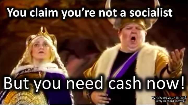 This meme is a humorous image of a medieval-style scene with a king and queen. The king is wearing a crown and holding a sword, while the queen is dressed in a regal gown. The text overlay on the image reads: "You claim you're not a socialist, but you need cash now!" and "You claim you're not a socialist, but you need cash now!"