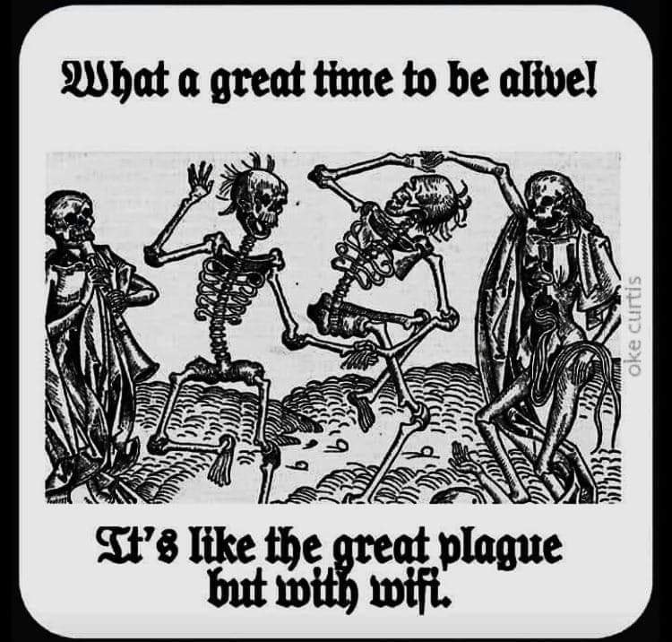 This meme is a humorous take on the COVID-19 pandemic, using a medieval-style illustration of dancing skeletons to poke fun at the idea that people are enjoying their time in isolation. The text at the top of the image reads "What a great time to be alive!" and the text at the bottom reads "It's like the great plague, but with WiFi".