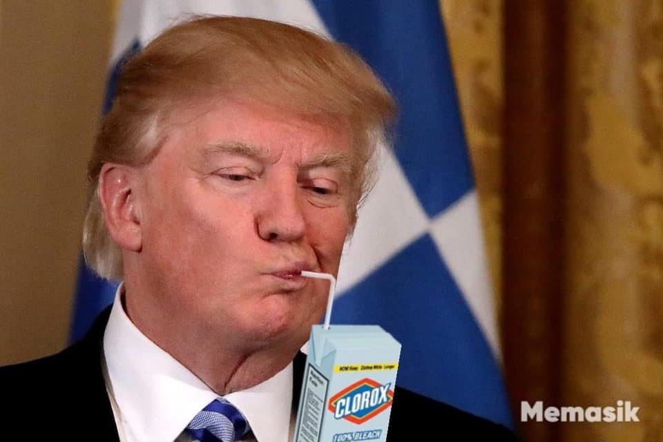 This meme features a photo of Donald Trump with a bottle of Clorox bleach inserted into his mouth, with a straw. The image is captioned "I'm not drinking the Kool-Aid, I'm drinking the bleach" and is a play on the phrase "drinking the Kool-Aid," which is a metaphor for blindly following someone or something. The meme is a humorous commentary on Trump's tendency to make outlandish and divisive statements.