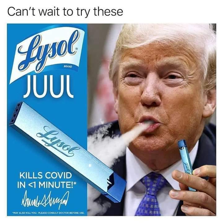 This meme is a play on the popular "try me" phrase, but with a humorous twist. The image shows a mock-up of a Lysol can, but with a label that says "Lysol Juul" and a warning that says "May cause respiratory failure. Inhale for 10 seconds. Repeat for 30 days." The text at the top of the image reads "Can't wait to try this".