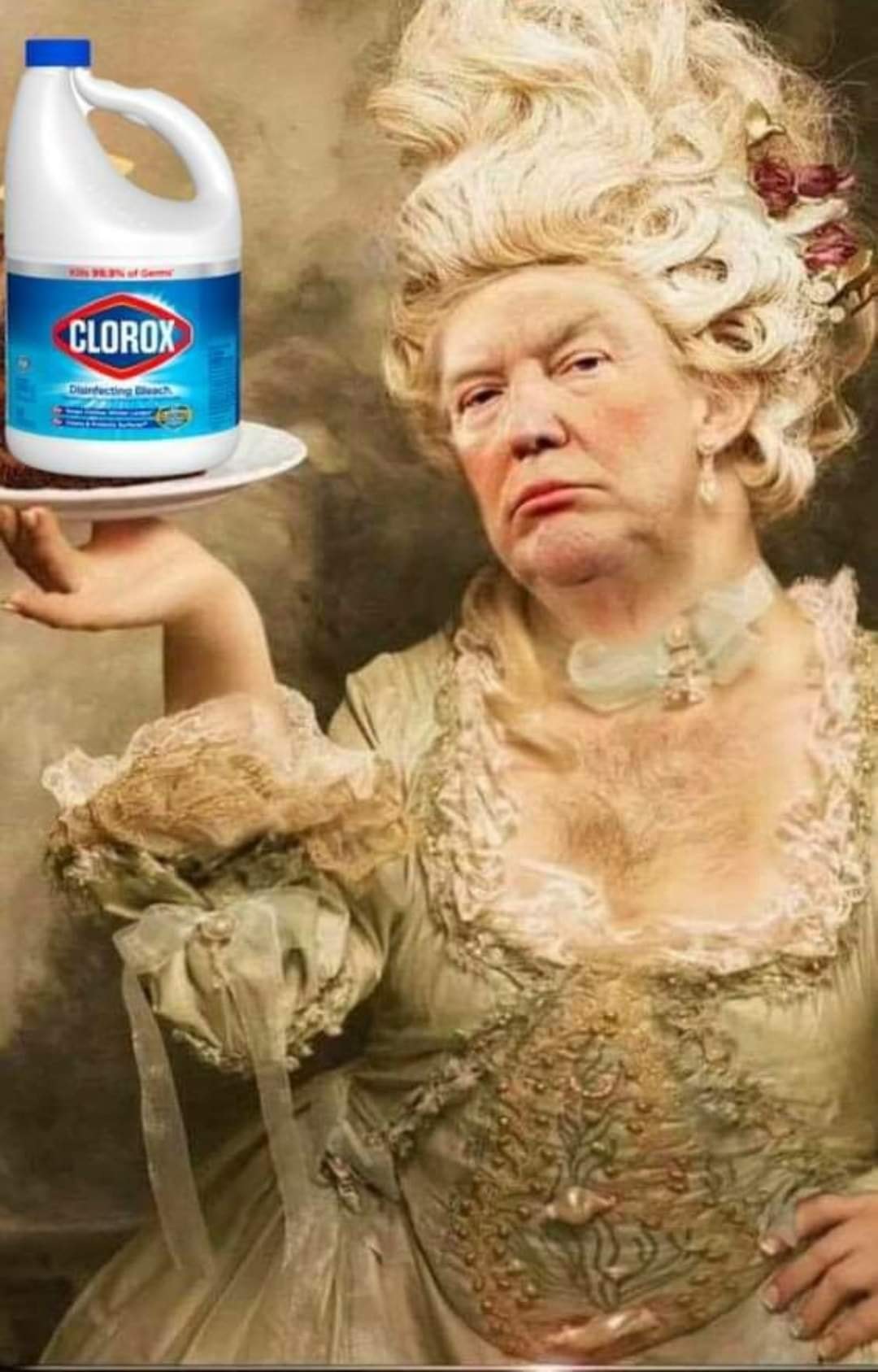 This meme is a humorous image of Queen Elizabeth II, but with a grotesque, exaggerated, and disturbingly aged face. The text "I've got a message for the Queen" appears above the image, implying that the Queen is being served a tray with a bottle of bleach (Clorox) and a warning label that says "For external use only, do not ingest".