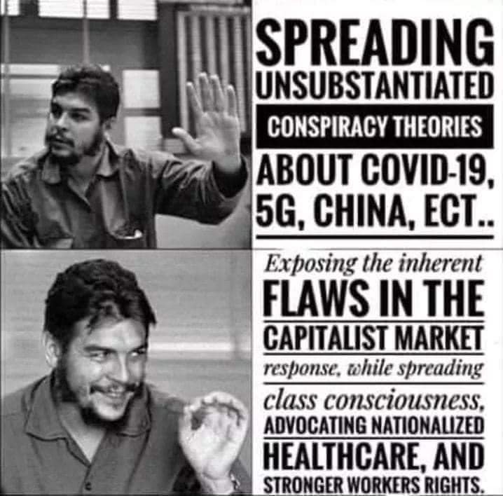 This meme features a split image of Che Guevara, a Cuban revolutionary, with a quote on the right side. The quote reads: "In one instant, everything is explained." On the left side, Che Guevara is shown with a raised hand and a surprised expression.