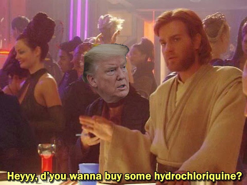 This meme is a play on the 1997 film "The Phantom Menace" where a character, Watto, says "We want you to buy us a ship" in a bad translation. In this meme, the text has been replaced with "We want you to buy us some hydrochloroquine" (a medication) and then "In 2-3 sentences, describe this meme for someone who cannot see it. The image is a scene from "The Phantom Menace" with the characters' lines replaced with text about a COVID-19 treatment.