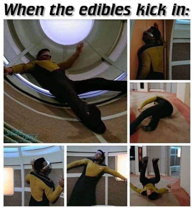 This meme is a humorous image of Jean-Luc Picard from the Star Trek: The Next Generation TV show, who is known for his calm and composed demeanor. In this meme, he is depicted as being shocked and falling over, with the caption "When the edibles kick in". The image is a play on the character's usual calmness, exaggerating his reaction to being surprised or overwhelmed by the effects of marijuana.