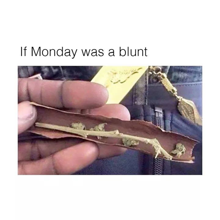 This meme is a play on words, using the phrase "if I were a" to create a pun on the phrase "if I were a" being "if I were a" being a "blunt" (a type of cannabis cigarette) instead of the typical "if I were a" phrase. The image shows a hand holding a blunt, with the text "if monday was a blunt" above it.