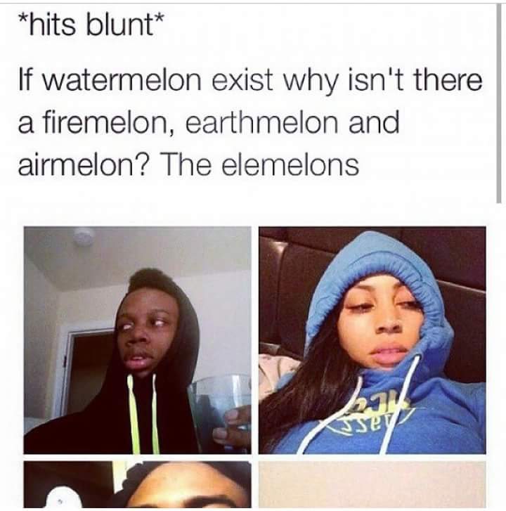 This meme is a humorous take on the idea that a person is so high on marijuana that they are struggling to understand a simple question about a type of fruit. The text at the top of the image reads: "If watermelon exists why isn't there a firemelon, earthmelon and airmelon? The answer is: 'The elemelons'". The meme is meant to be humorous and relatable, poking fun at the idea that someone is so stoned that they can't even think straight.